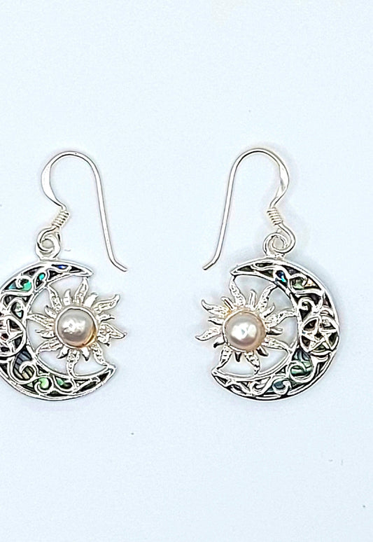Silver Handmade Inlay Earrings Semi Precious Abalone Shell- Moon/Sun