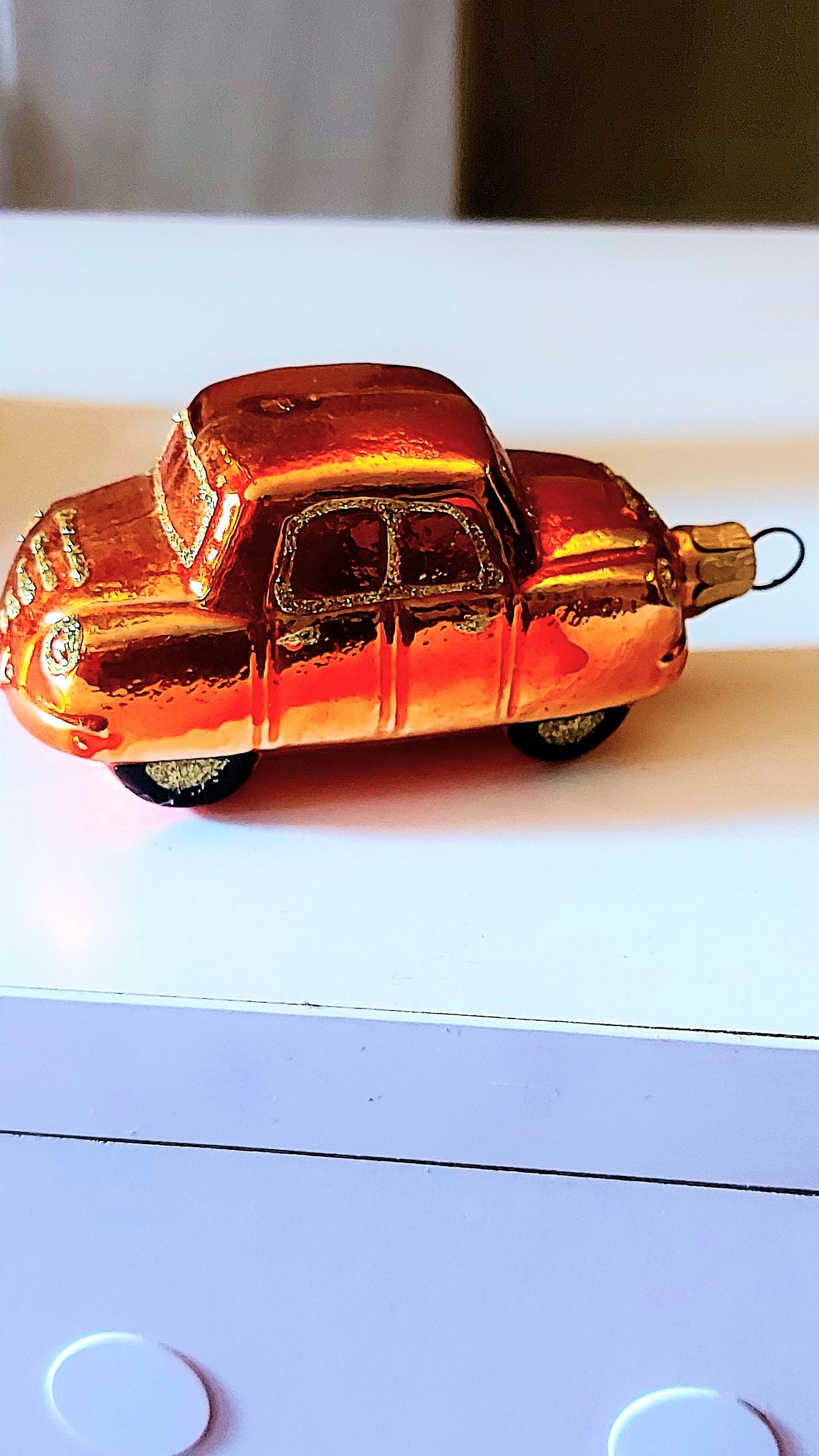 Vintage Czech Republic, Glass Blown, Hand Painted Christmas Tree Ornament - Car