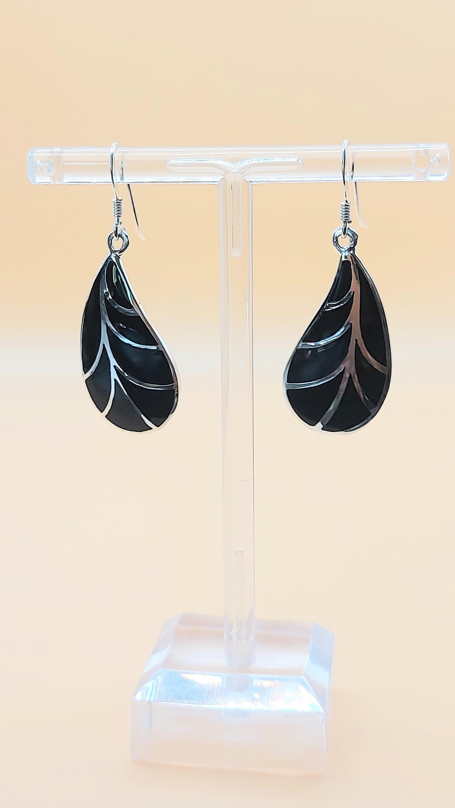 Silver Handmade Inlay Earrings Semi Precious Black Onyx- Black Leaf
