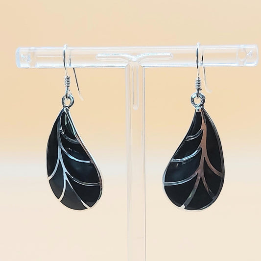 Silver Handmade Inlay Earrings Semi Precious Black Onyx- Black Leaf