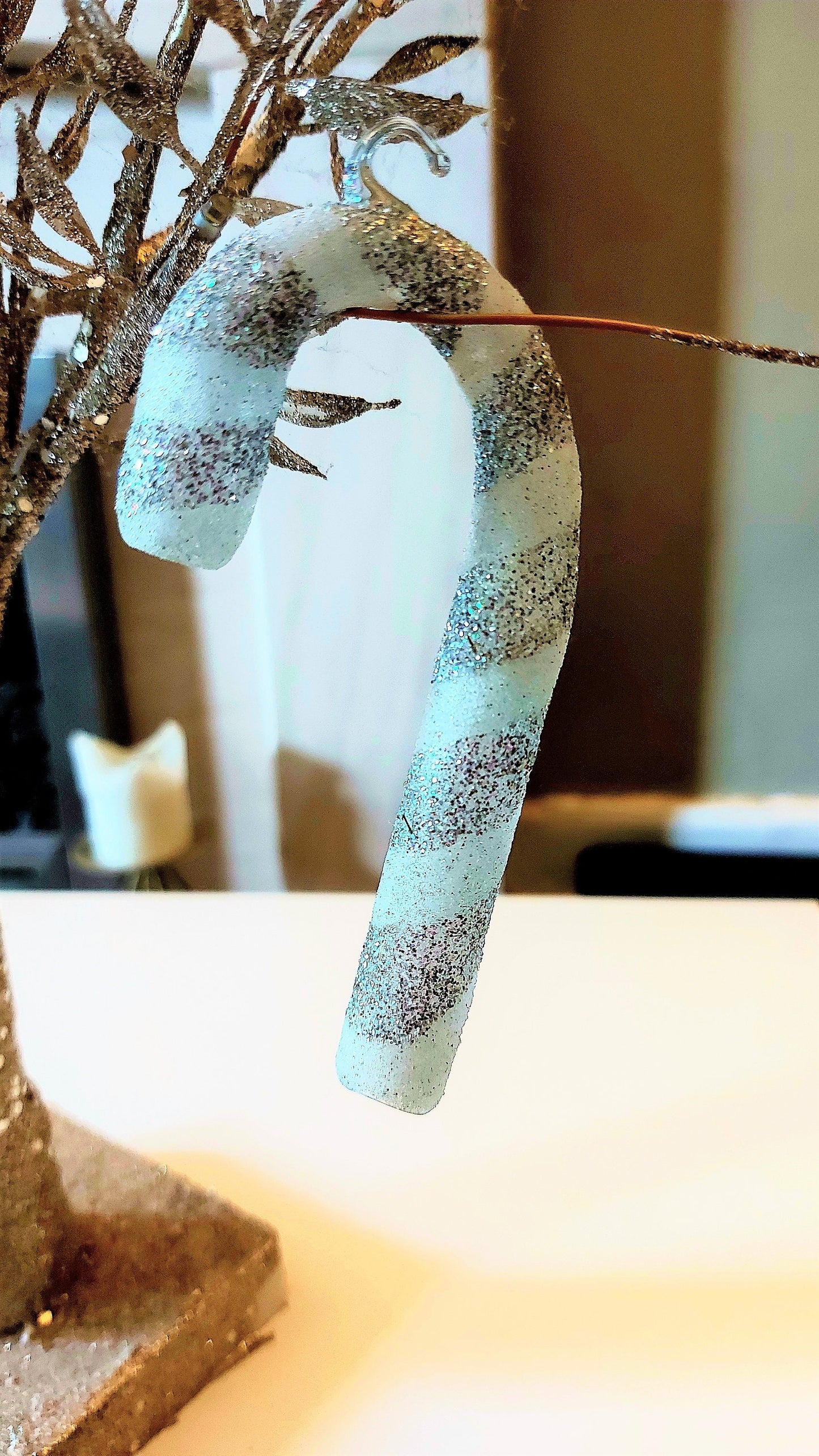 Vintage Czech Republic, Glass Blown, Hand Painted Christmas Tree Ornament - Small Candy Cane