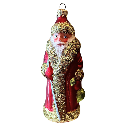 Czech Republic, Glass Blown, Hand Painted Christmas Tree Ornament - Large Santa Red/Gold