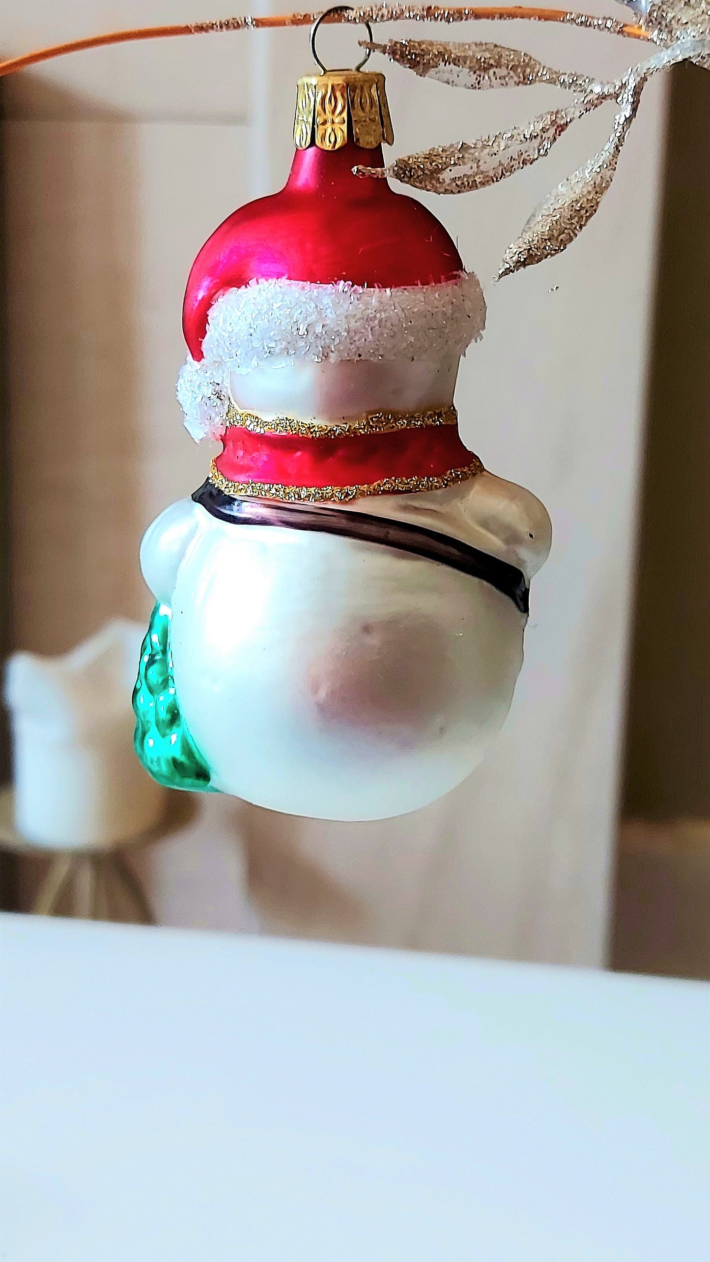 Vintage Czech Republic, Glass Blown, Hand Painted Christmas Tree Ornament - Snowman Drummer