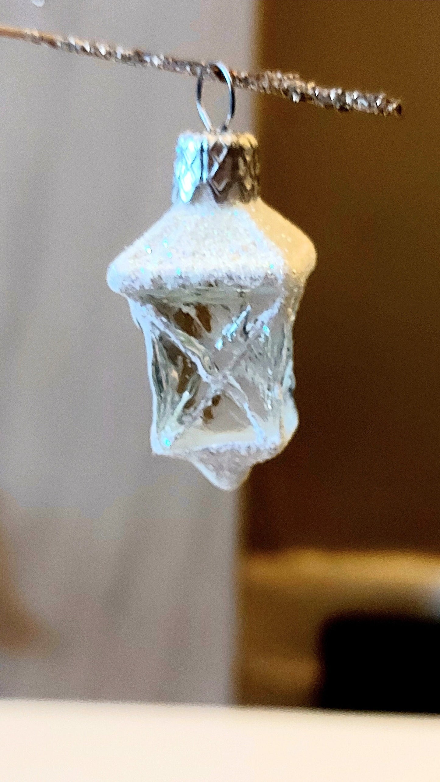 Vintage Czech Hand-Painted Glass Christmas Ornament: White Lantern (Pair)