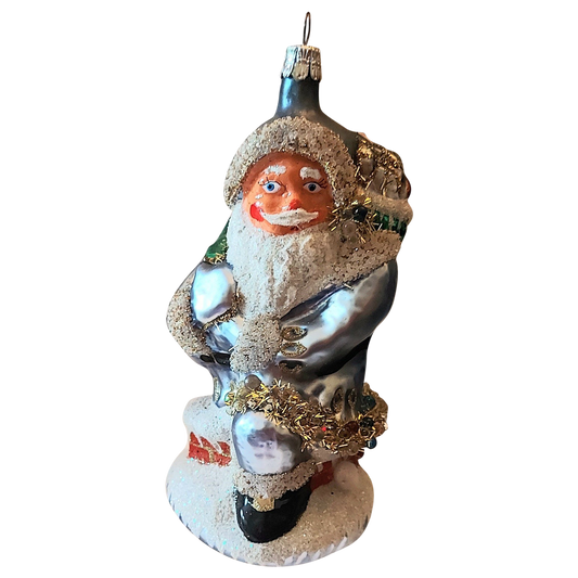 Czech Republic, Glass Blown, Hand Painted Christmas Tree Ornament - Large Santa Chimney Blue