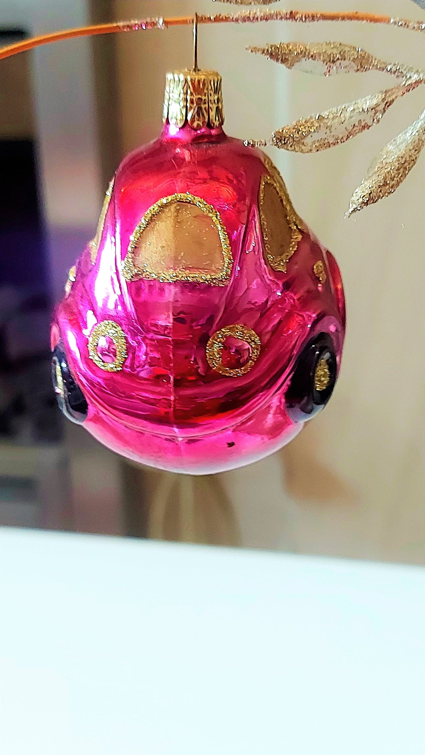Vintage Czech Republic, Glass Blown, Hand Painted Christmas Tree Ornament - Car
