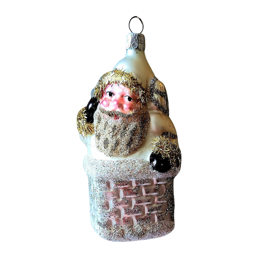 Czech Republic, Glass Blown, Hand Painted Christmas Tree Ornament - Large Santa in Chimney