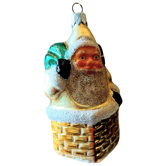 Czech Republic, Glass Blown, Hand Painted Christmas Tree Ornament - Large Santa in Chimney