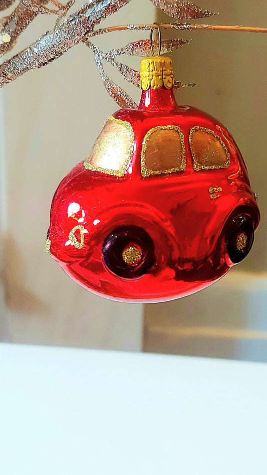Czech Republic, Glass Blown, Hand Painted Christmas Tree Ornament - Car