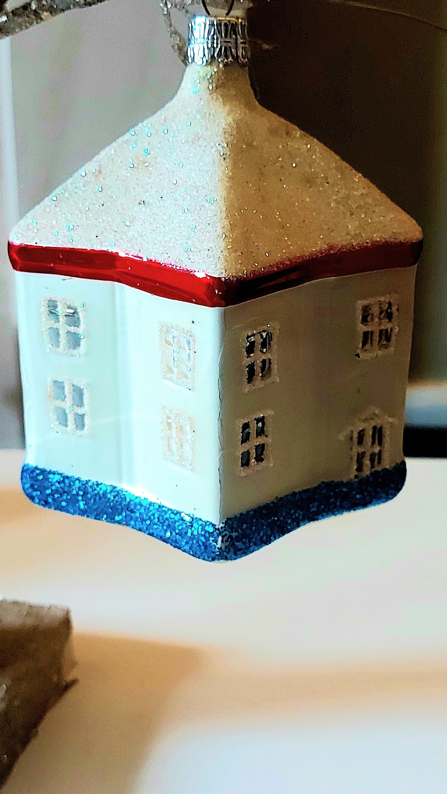 Vintage Czech Glass Christmas Ornament: Hand-Painted Glittery House