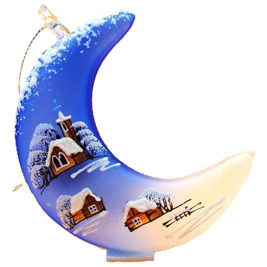 Hand Painted Glass Christmas Ornament: Czech Royal Blue Half Moon