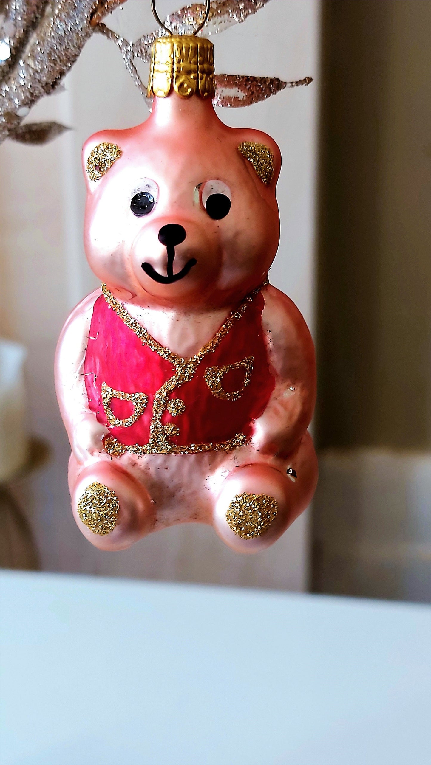 Vintage Czech Republic, Glass Blown, Hand Painted Christmas Tree Ornament - Teddy a pair ( x 2 )