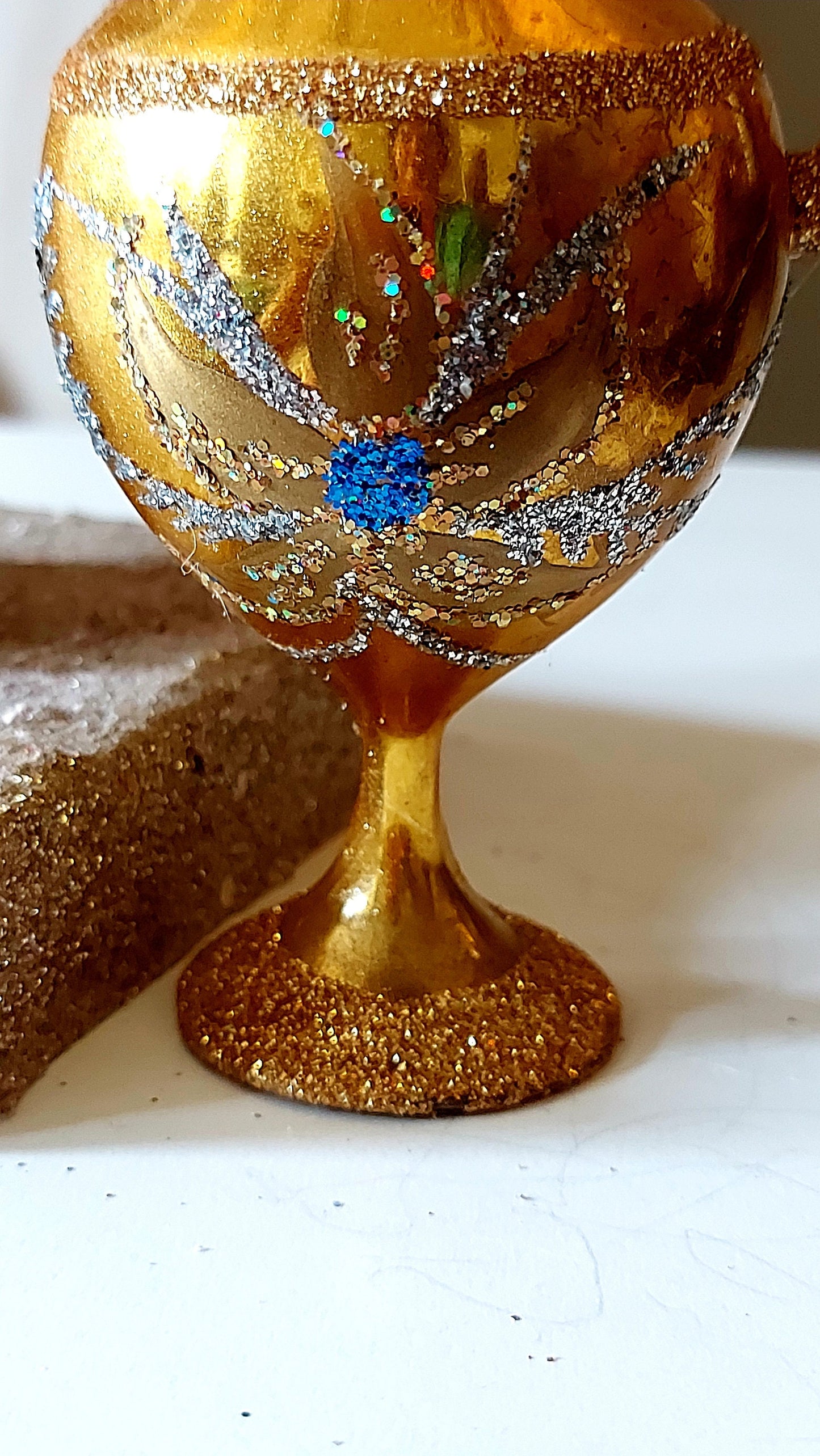 Vintage Czech Republic, Glass Blown, Hand Painted Christmas Tree Ornament - Genie Lamp gold/silver