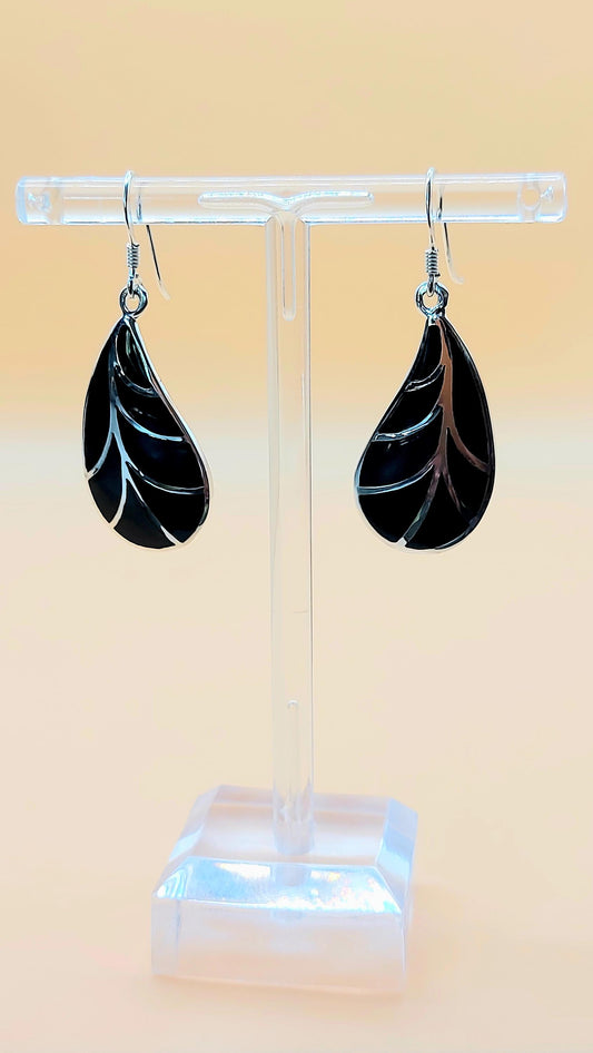 Silver Handmade Inlay Earrings Semi Precious Black Onyx- Black Leaf