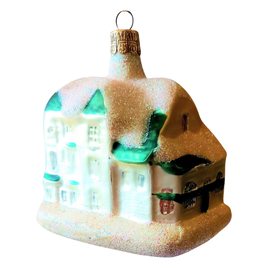 Czech Republic, Glass Blown, Hand Painted Christmas Tree Ornament -Large White House