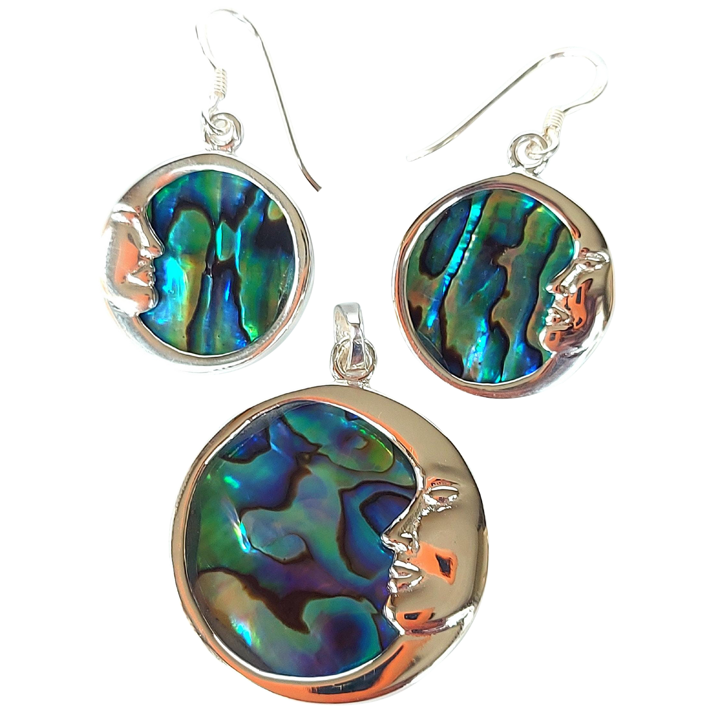 Silver Handmade Inlay Pendant/Earring Set Semi Precious Abalone Shell- Moon