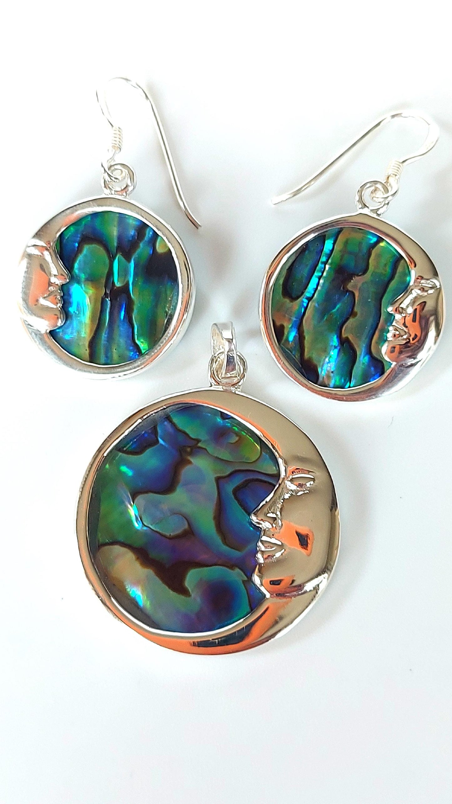 Silver Handmade Inlay Pendant/Earring Set Semi Precious Abalone Shell- Moon