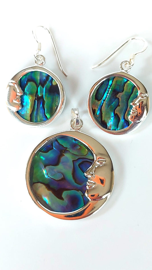Silver Handmade Inlay Pendant/Earring Set Semi Precious Abalone Shell- Moon