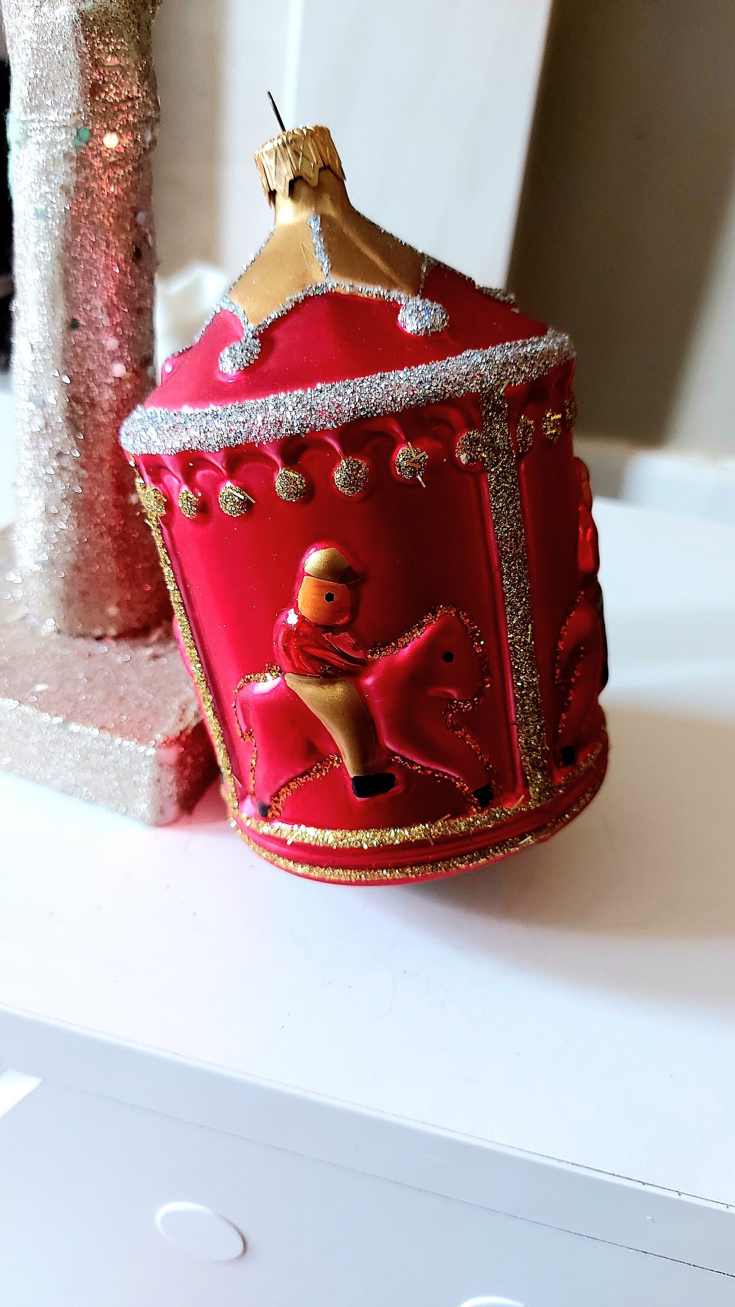 Vintage Czech Republic, Glass Blown, Hand Painted Christmas Tree Ornament - Large Carousel Red
