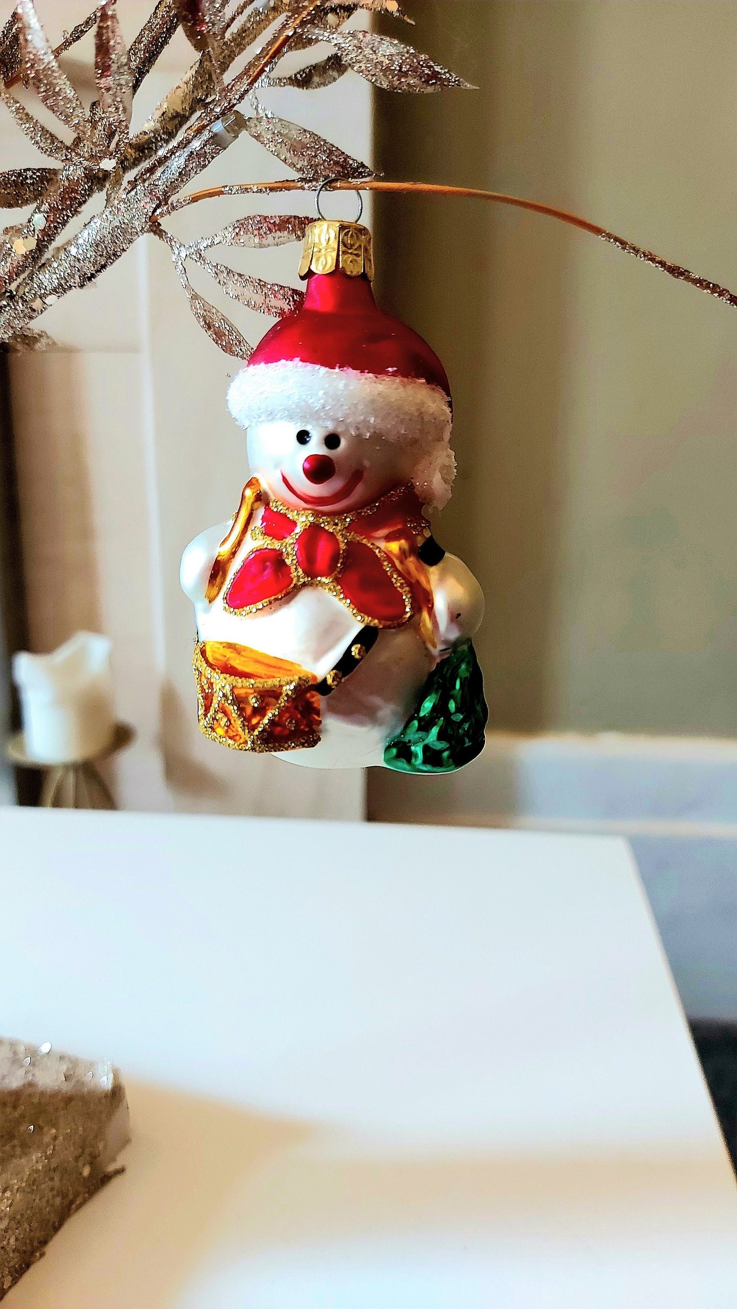 Vintage Czech Republic, Glass Blown, Hand Painted Christmas Tree Ornament - Snowman Drummer