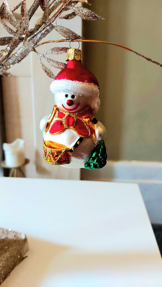 Vintage Czech Republic, Glass Blown, Hand Painted Christmas Tree Ornament - Snowman Drummer