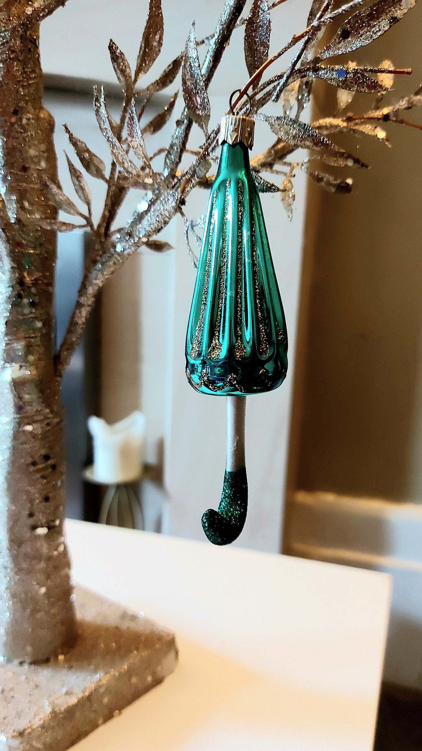 Vintage Czech Republic, Glass Blown, Hand Painted Christmas Tree Ornament - Umbrella Various Colours