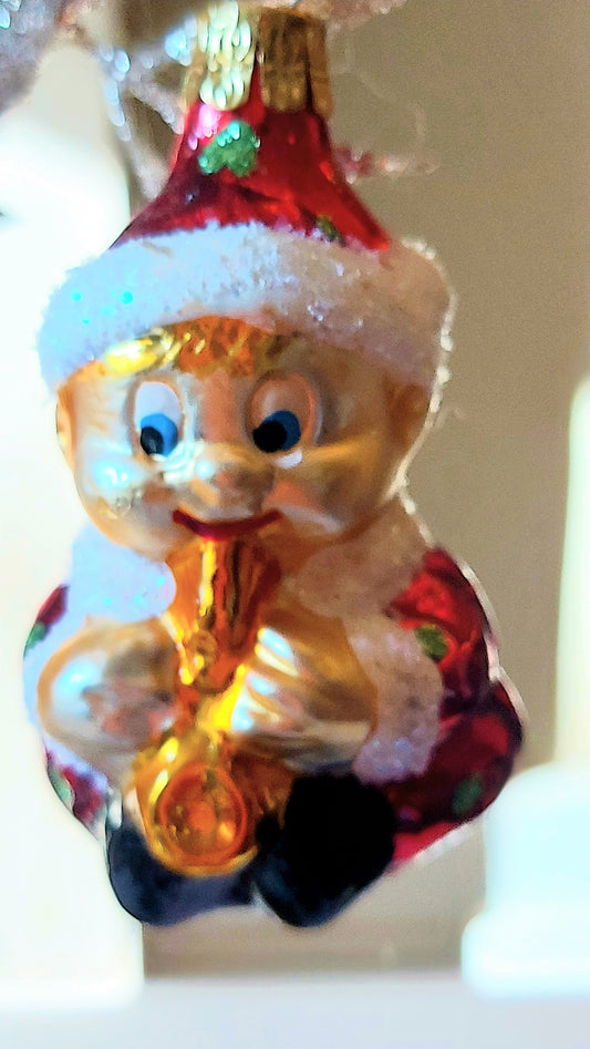 Vintage Czech Republic, Glass Blown, Hand Painted Christmas Tree Ornament - Gnome Musician