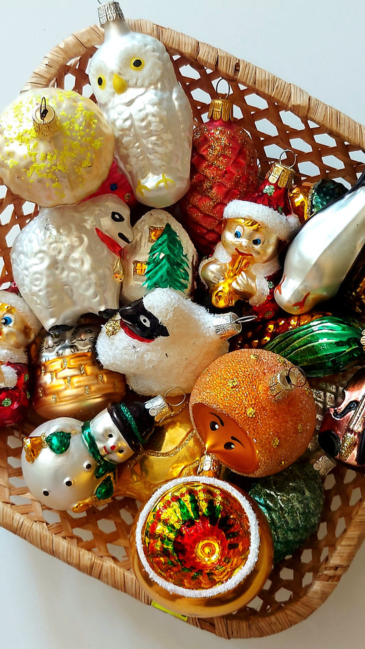 Vintage Czech Republic, Glass Blown, Hand Painted Christmas Tree Medium Sized Ornaments - Mixed Selection