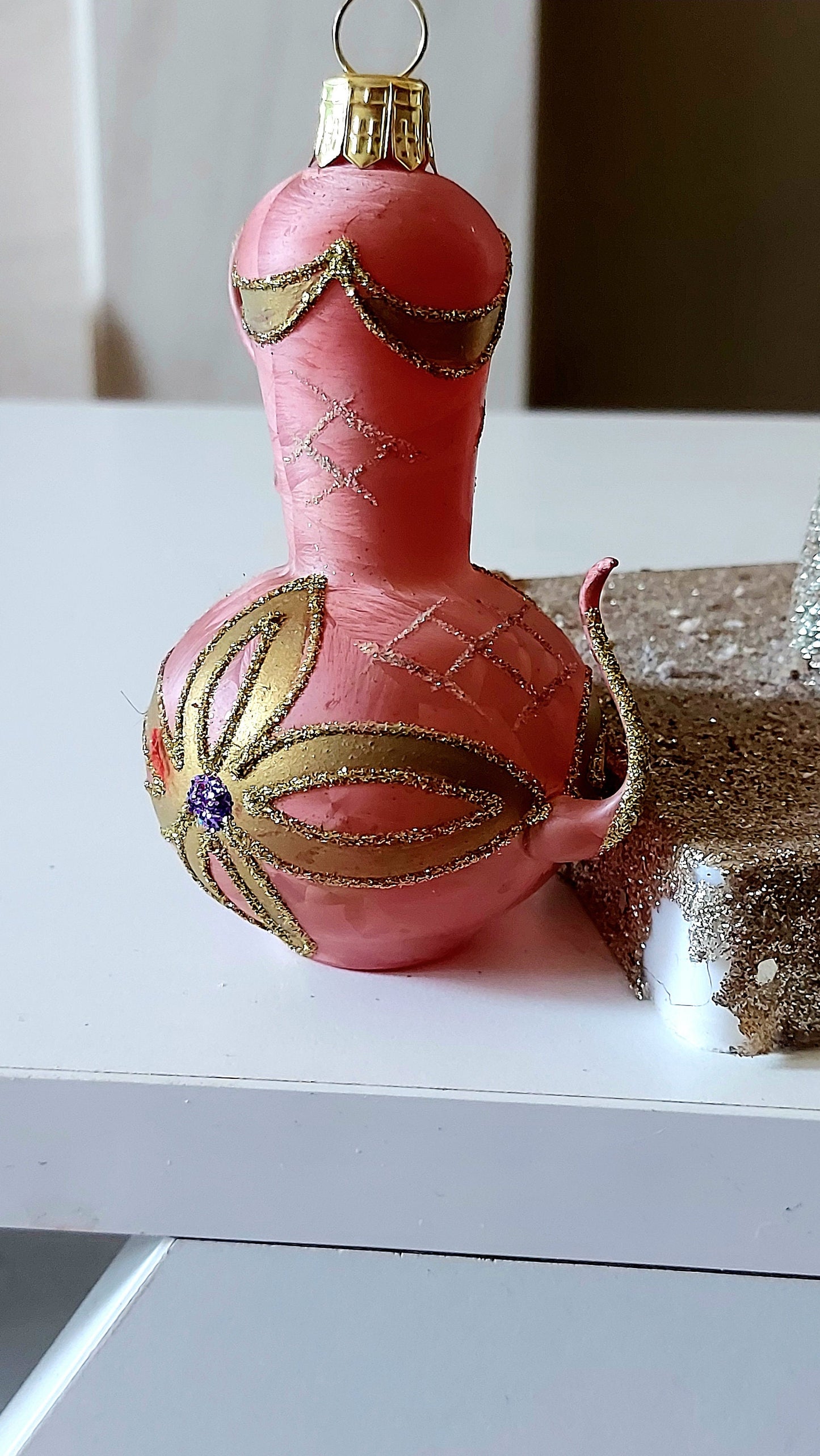 Vintage Czech Republic, Glass Blown, Hand Painted Christmas Tree Ornament - Genie Lamp Pink