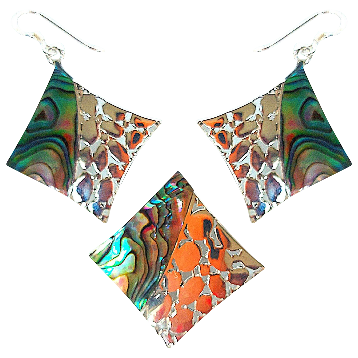 Silver Handmade Inlay Pendant/Earring Set Semi Precious Abalone Shell- Square