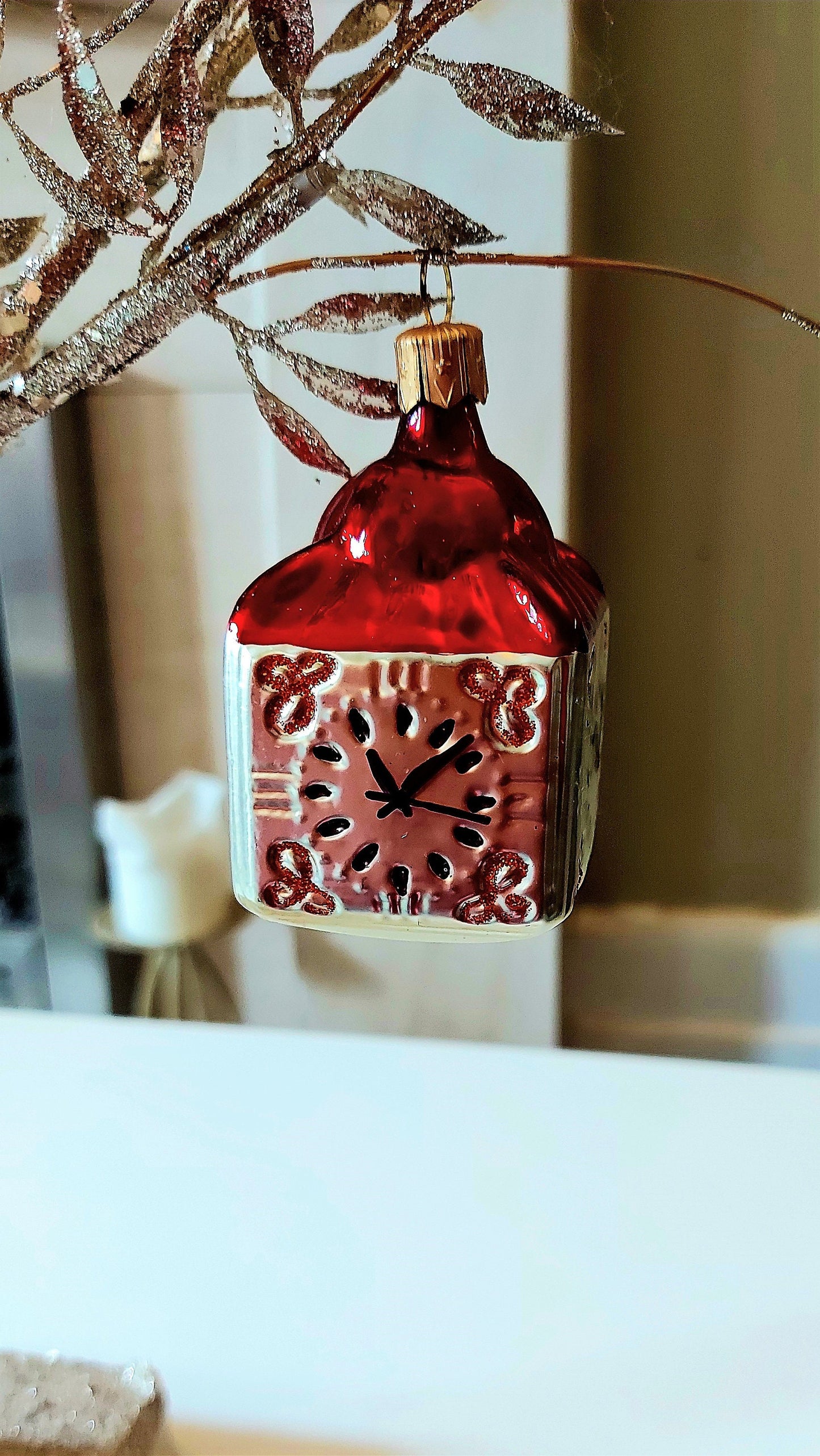 Vintage Czech Republic, Glass Blown, Hand Painted Christmas Tree Ornament - Clock