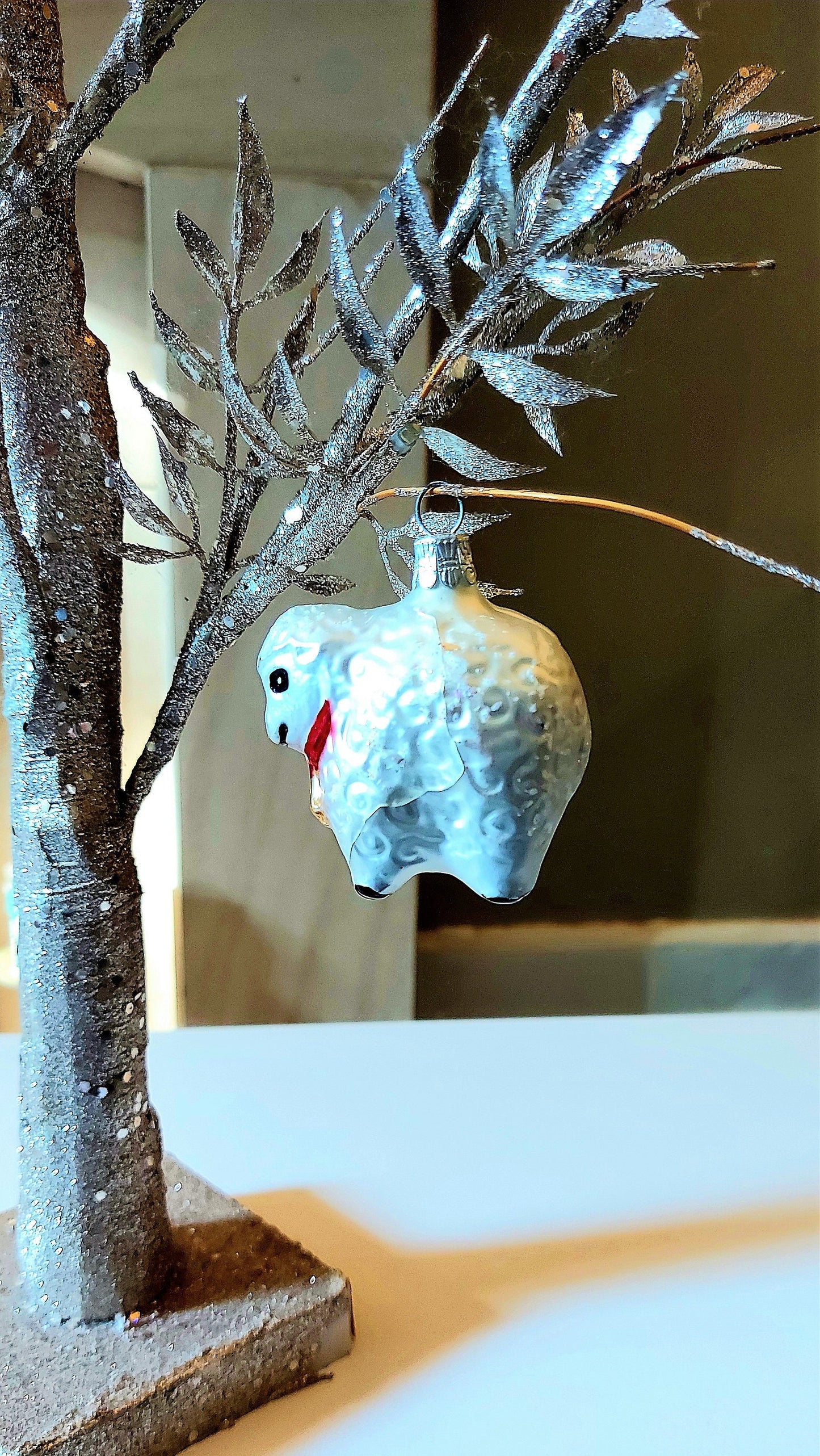 Vintage Czech Republic, Glass Blown, Hand Painted Christmas Tree Ornament - Sheep