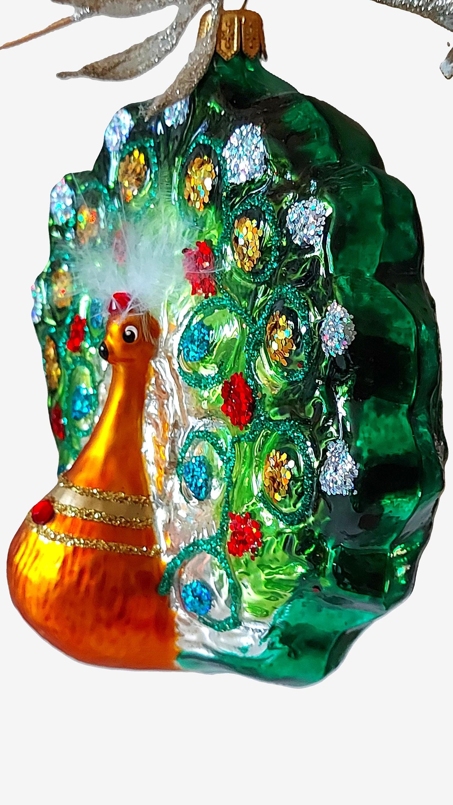 Vintage Czech Republic, Glass Blown, Hand Painted Christmas Tree Ornament - Peacock Green