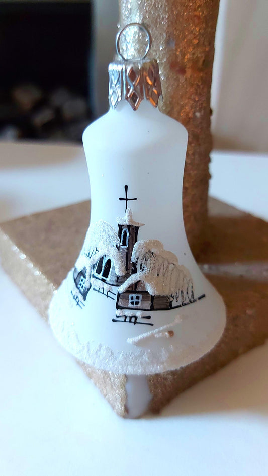 Vintage Czech Glass Christmas Ornament Bell: Hand-Painted Winter Village White