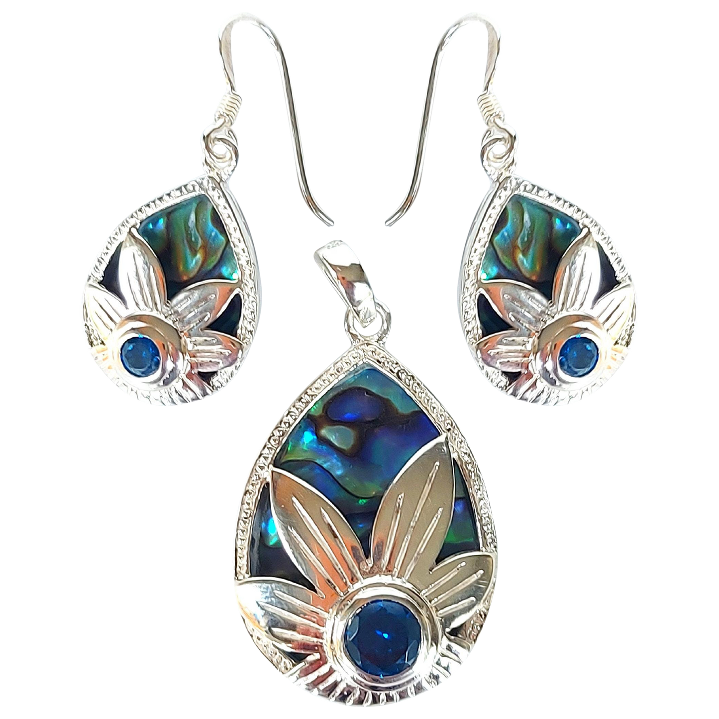 Silver Handmade Inlay Pendant/Earring Set Semi Precious Abalone Shell- Flower