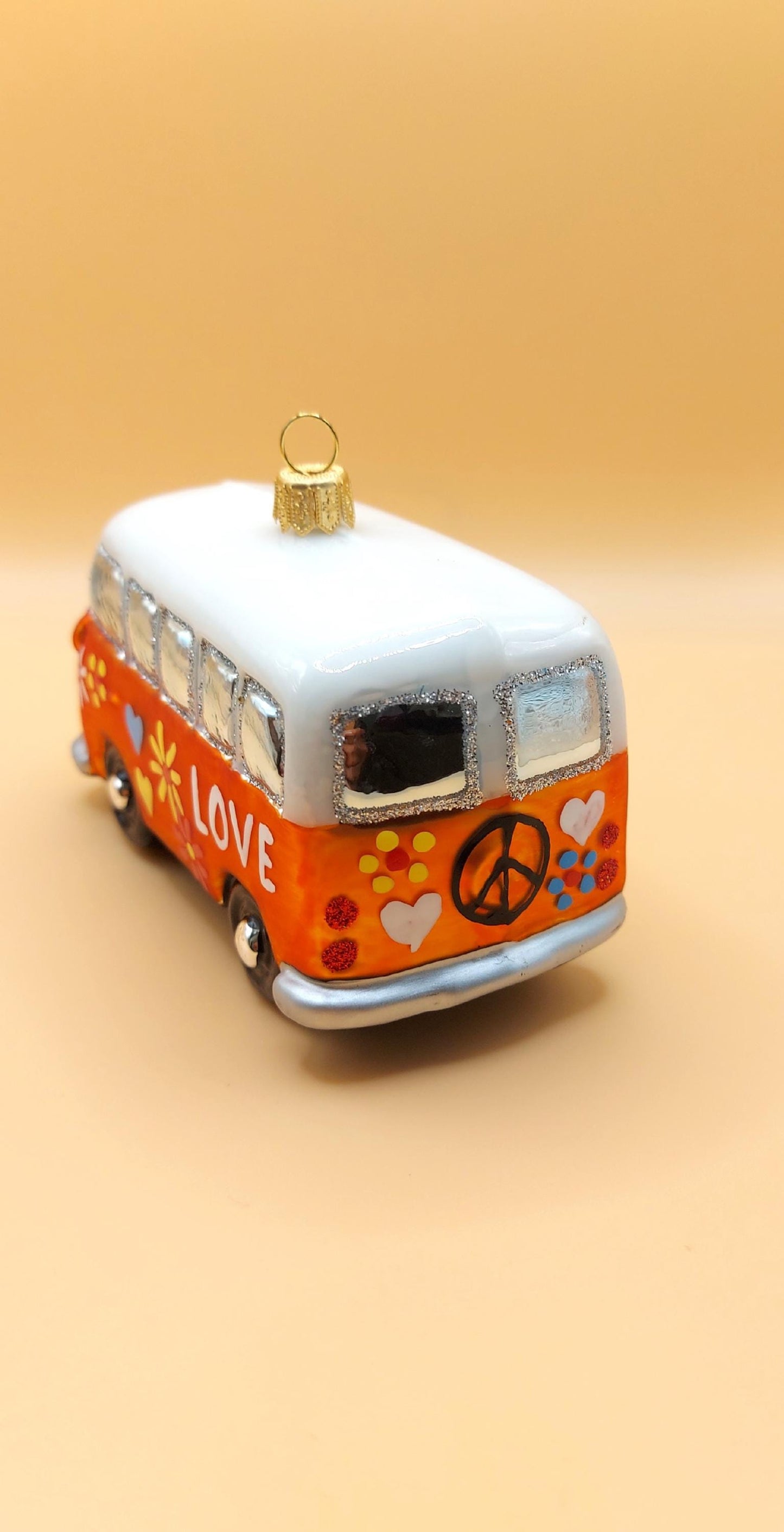 Vintage Czech Republic, Glass Blown, Hand Painted Christmas Tree Ornament - Orange Hippy Bus