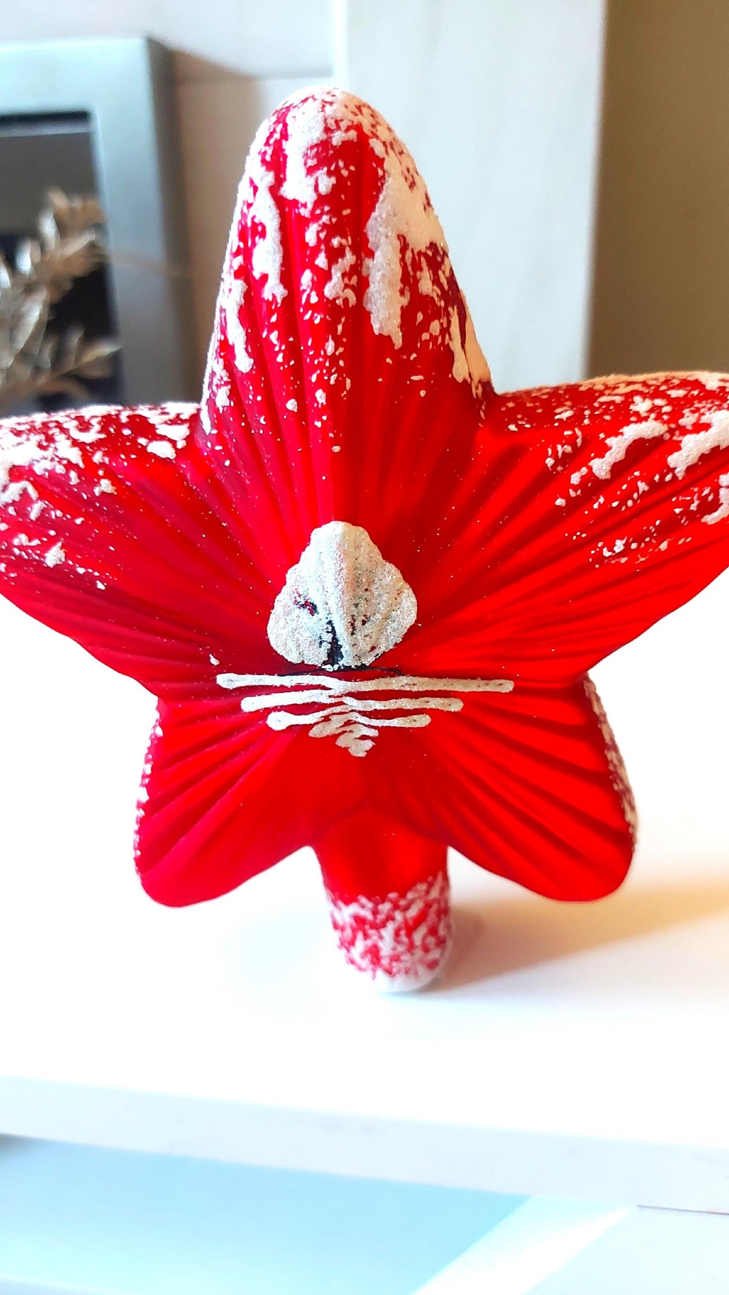 Vintage Czech Republic, Glass Blown, Hand Painted Christmas Tree Ornament - Red Star Tree Topper