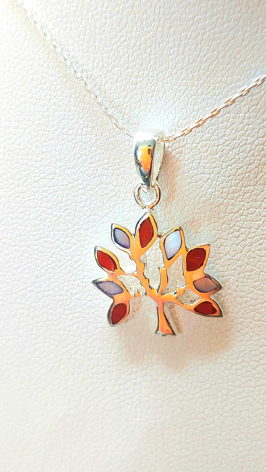 Silver Handmade Inlay Pendant Semi Precious Natural Shell- Tree