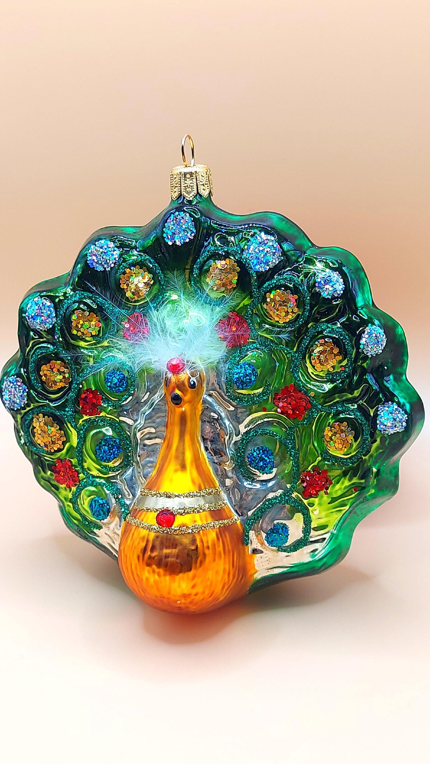 Vintage Czech Republic, Glass Blown, Hand Painted Christmas Tree Ornament - Peacock Green