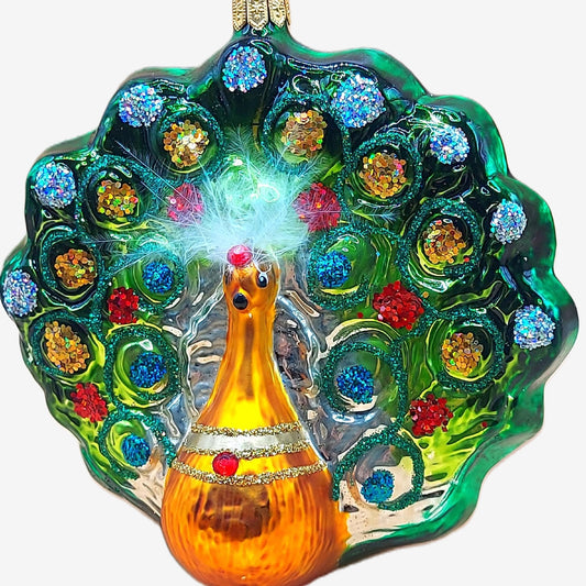 Vintage Czech Republic, Glass Blown, Hand Painted Christmas Tree Ornament - Peacock Green