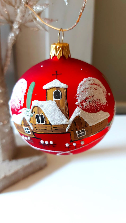 Vintage Czech Glass Christmas Ornament: Hand-Painted Red large Ball