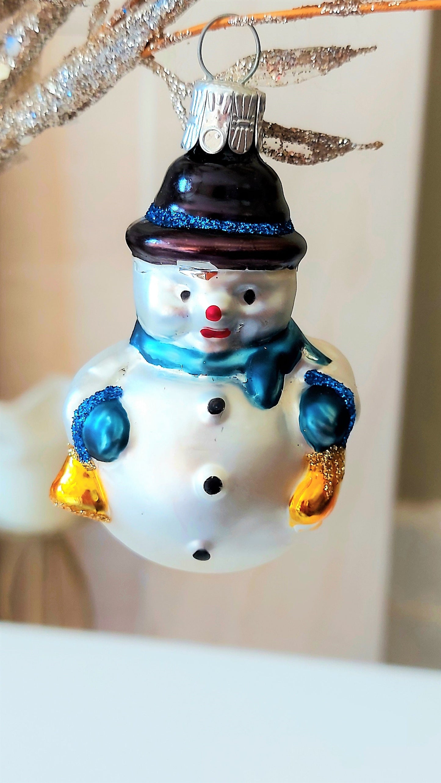 Vintage Czech Glass Snowman Christmas Ornament with Bowler Hat (Pair)