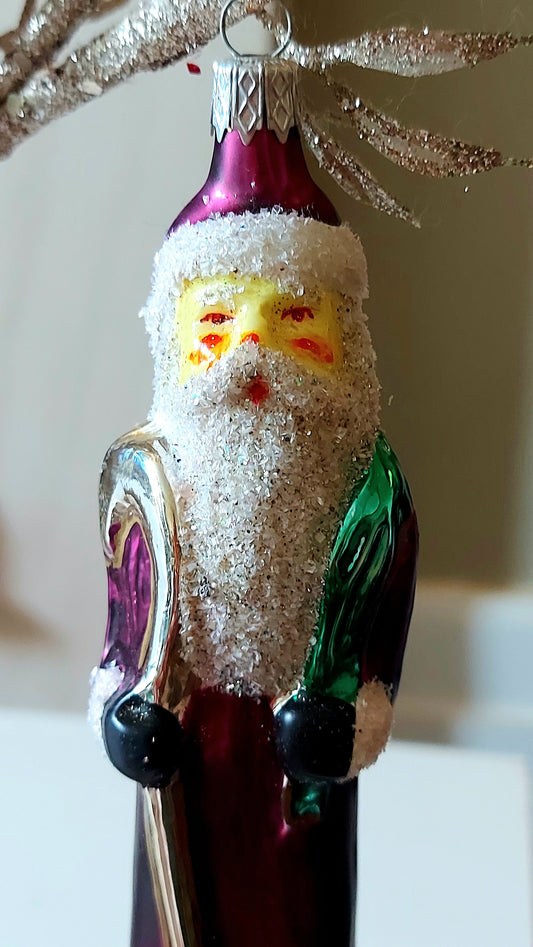 Vintage Czech Republic, Glass Blown, Hand Painted Christmas Tree Ornament - Thin Santa Purple