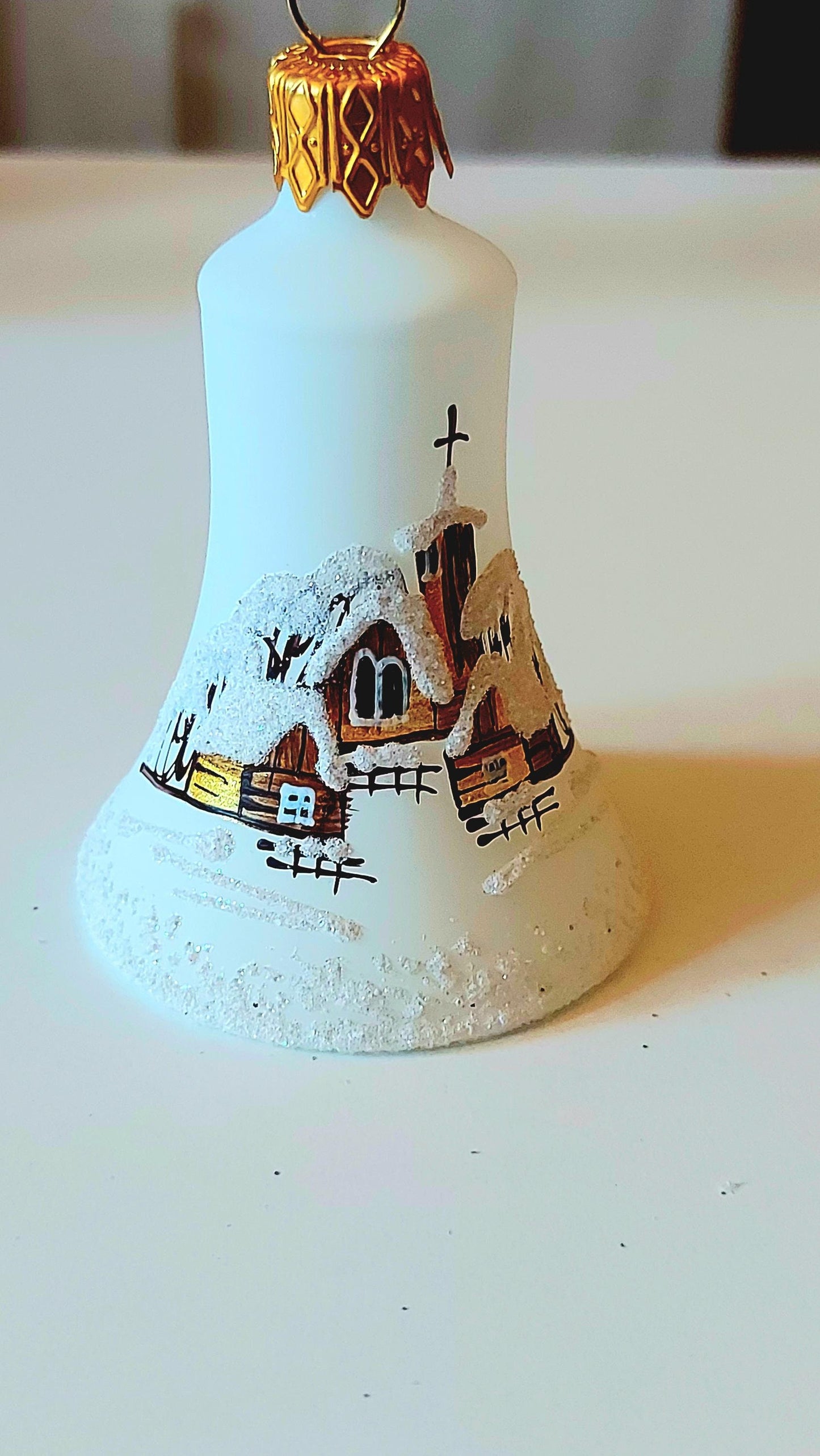 Vintage Czech Glass Christmas Ornament Bell: Hand-Painted Winter Village White