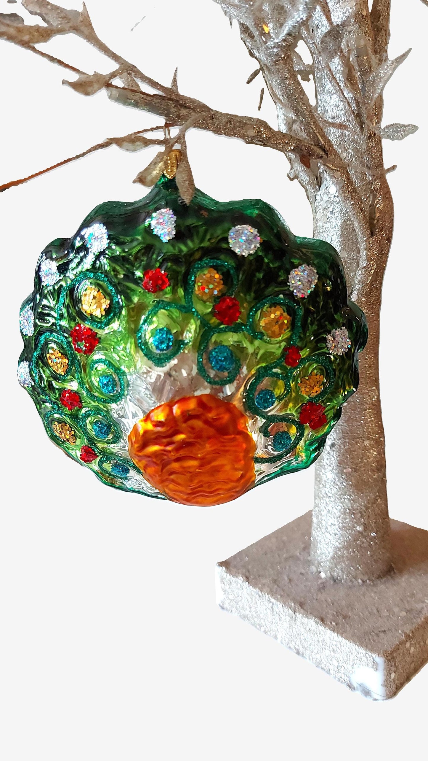 Vintage Czech Republic, Glass Blown, Hand Painted Christmas Tree Ornament - Peacock Green