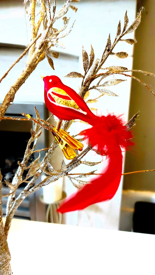 Vintage Czech Republic, Glass Blown, Hand Painted Christmas Tree Ornament - small bird with clip