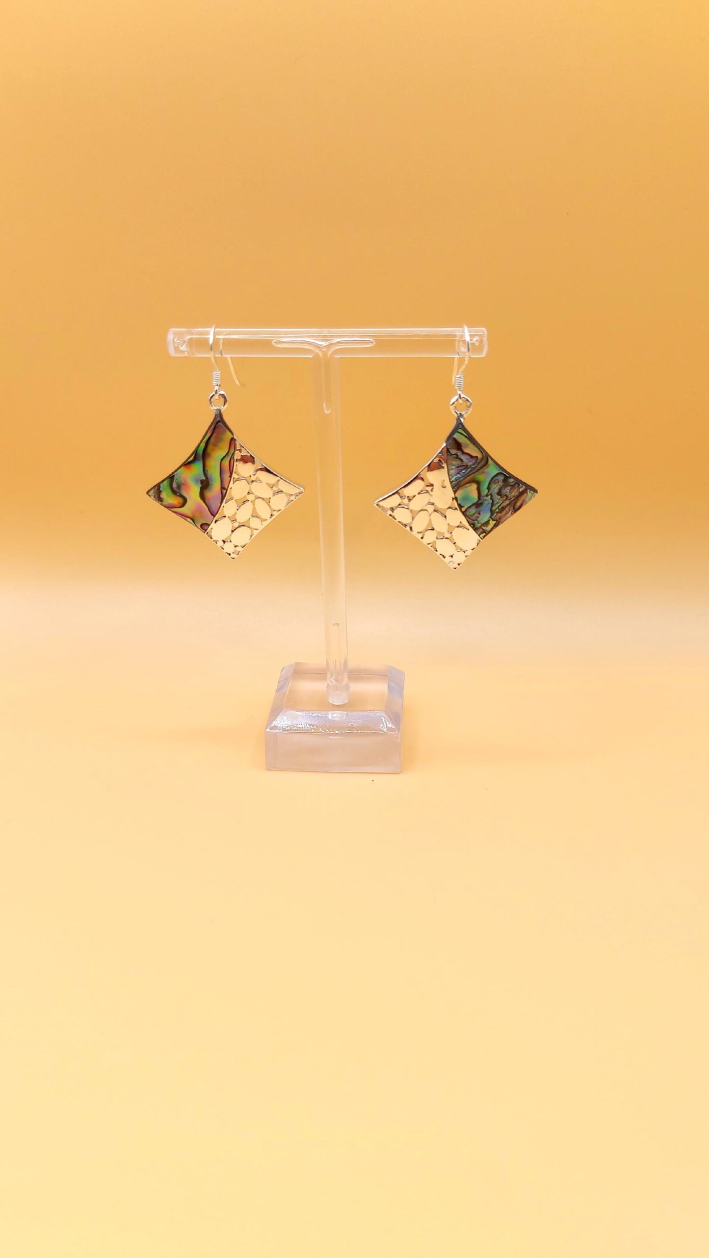 Silver Handmade Inlay Earrings Semi Precious Abalone Shell- Square