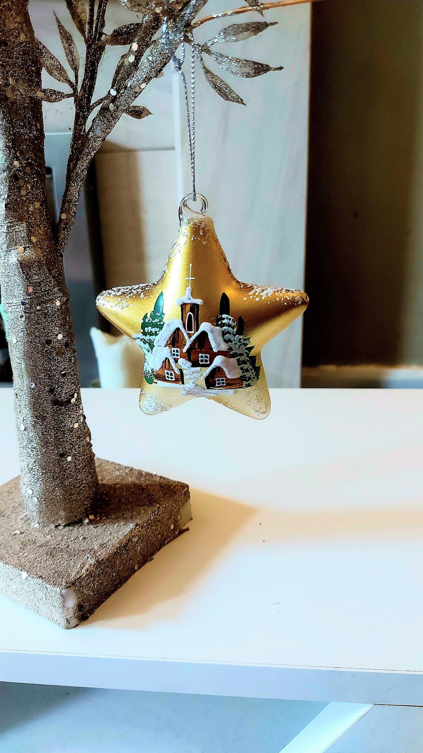 Vintage Czech Glass Christmas Ornament: Hand-Painted Gold Star, House Motif