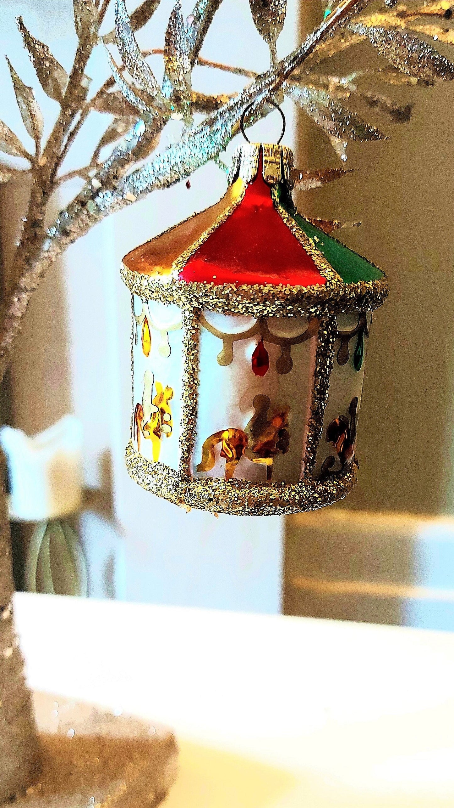 Vintage Czech Republic, Glass Blown, Hand Painted Christmas Tree Ornament - Carousel