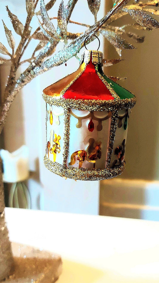 Vintage Czech Republic, Glass Blown, Hand Painted Christmas Tree Ornament - Carousel
